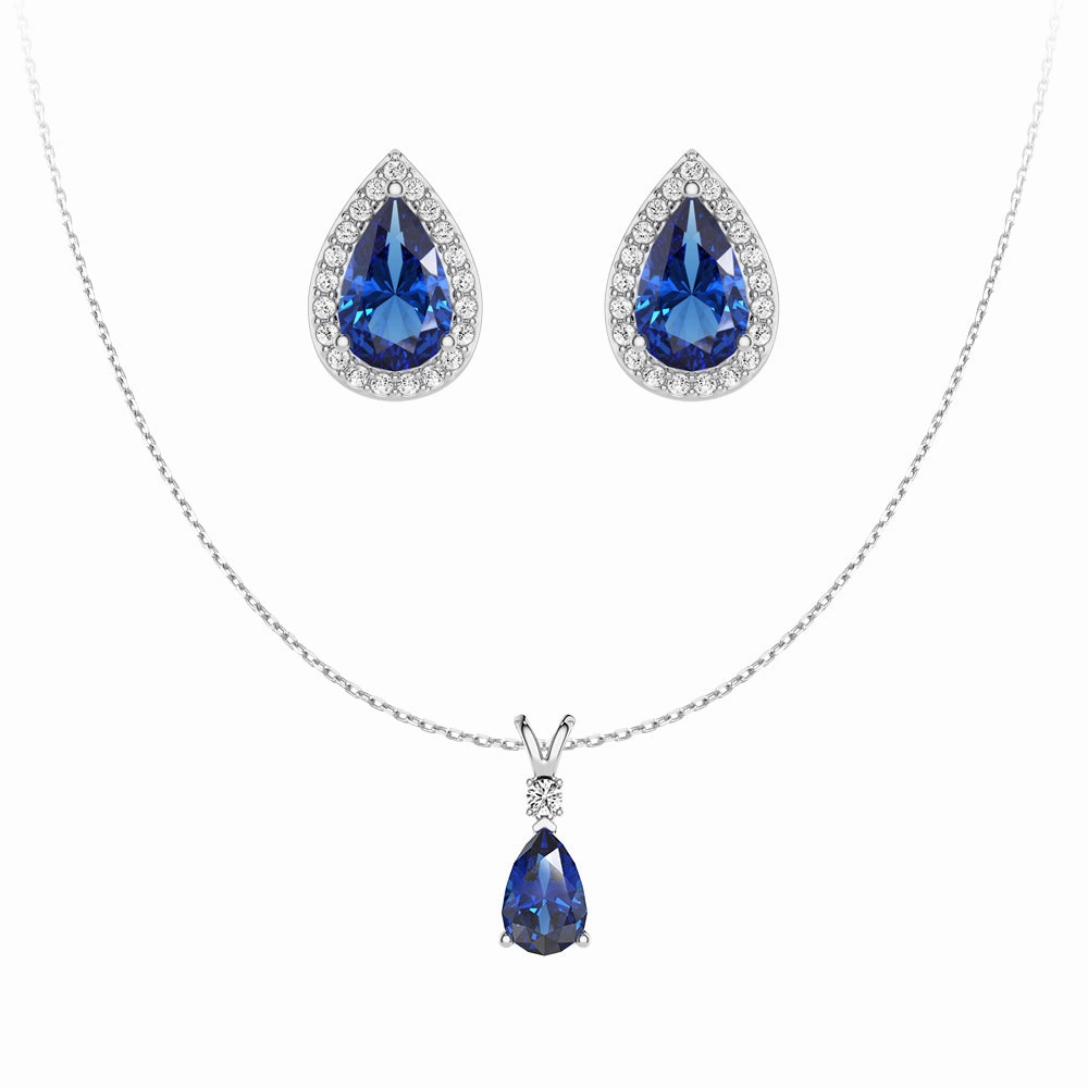 Pear Blue Sapphire Solitaire Pendant with Stud Earrings Set Fashion pieces