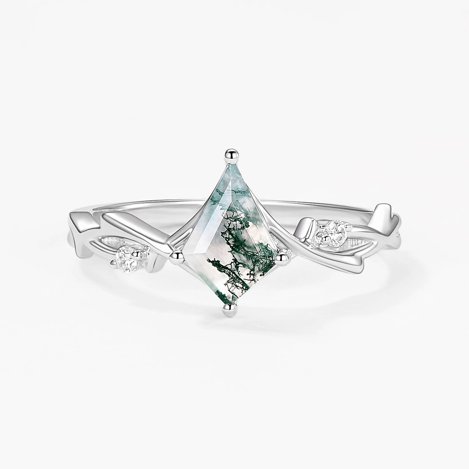 Quick Layer Branch Moss Agate Kite Cut Engagement Ring
