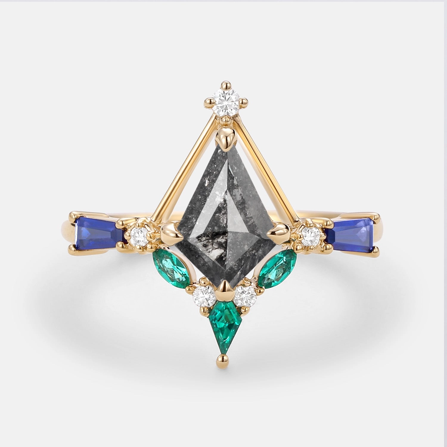 Stylish Edge Unique Kite Cut Salt and Pepper Diamond Curved Engagement Ring