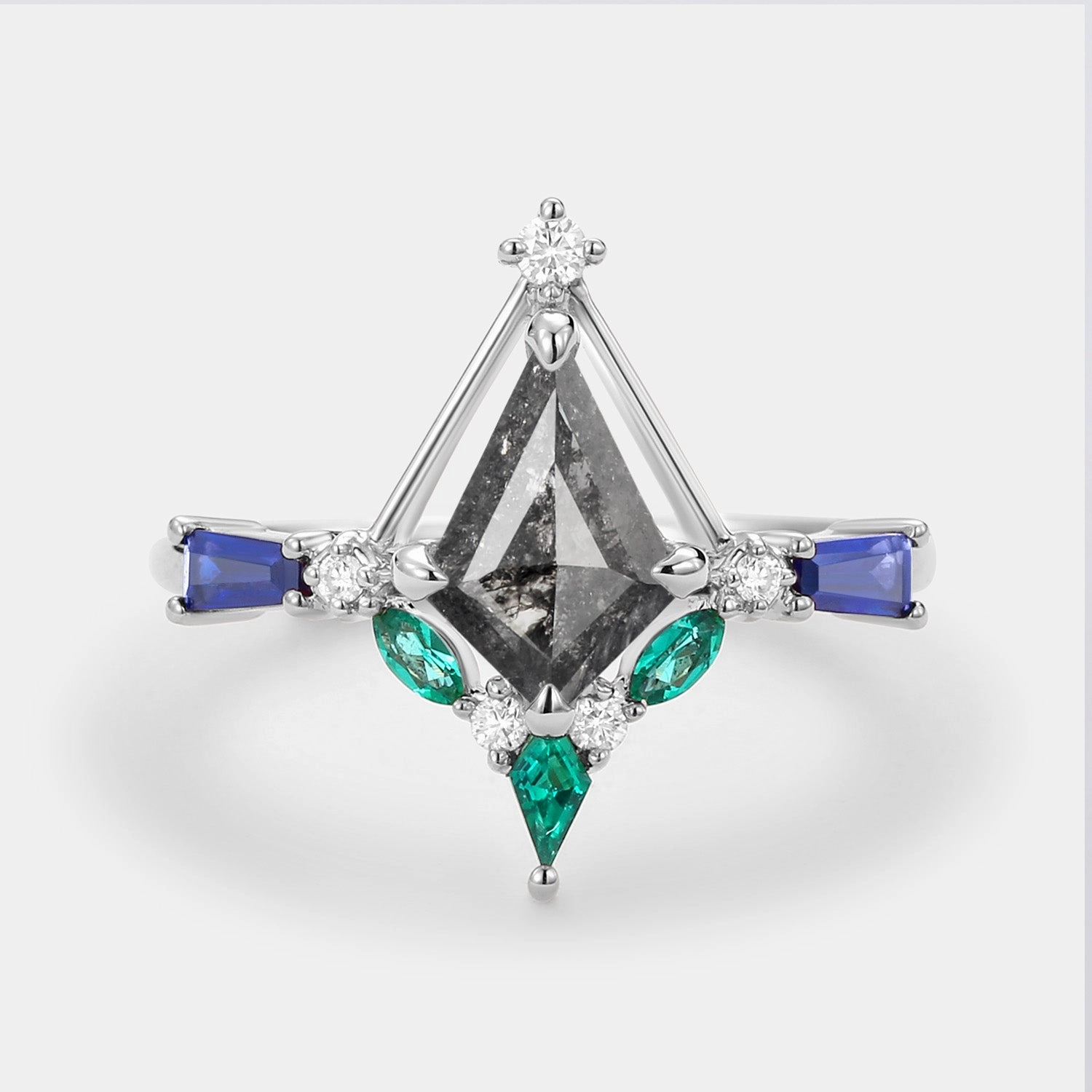 Unique Kite Cut Salt and Pepper Diamond Curved Engagement Ring Feminine Light