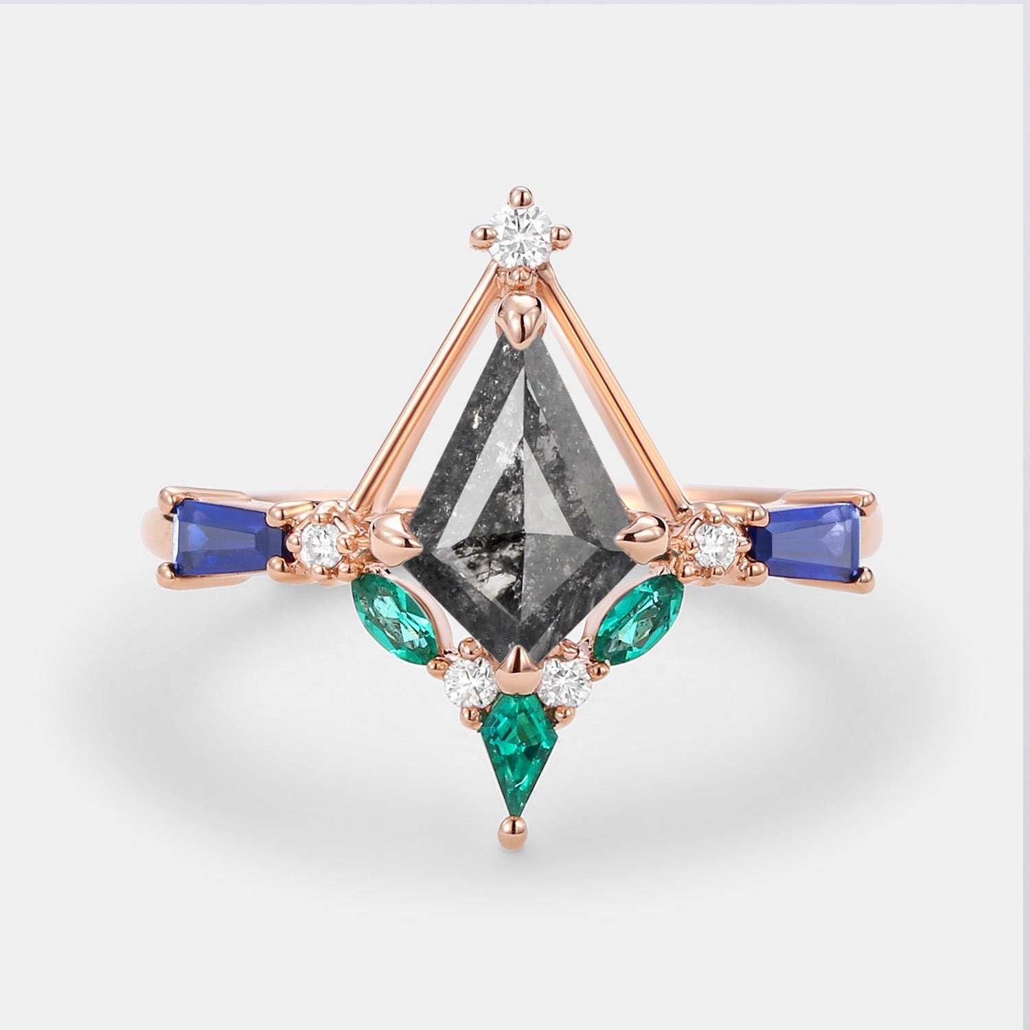 Elegant Update Style Upgrade Unique Kite Cut Salt and Pepper Diamond Curved Engagement Ring