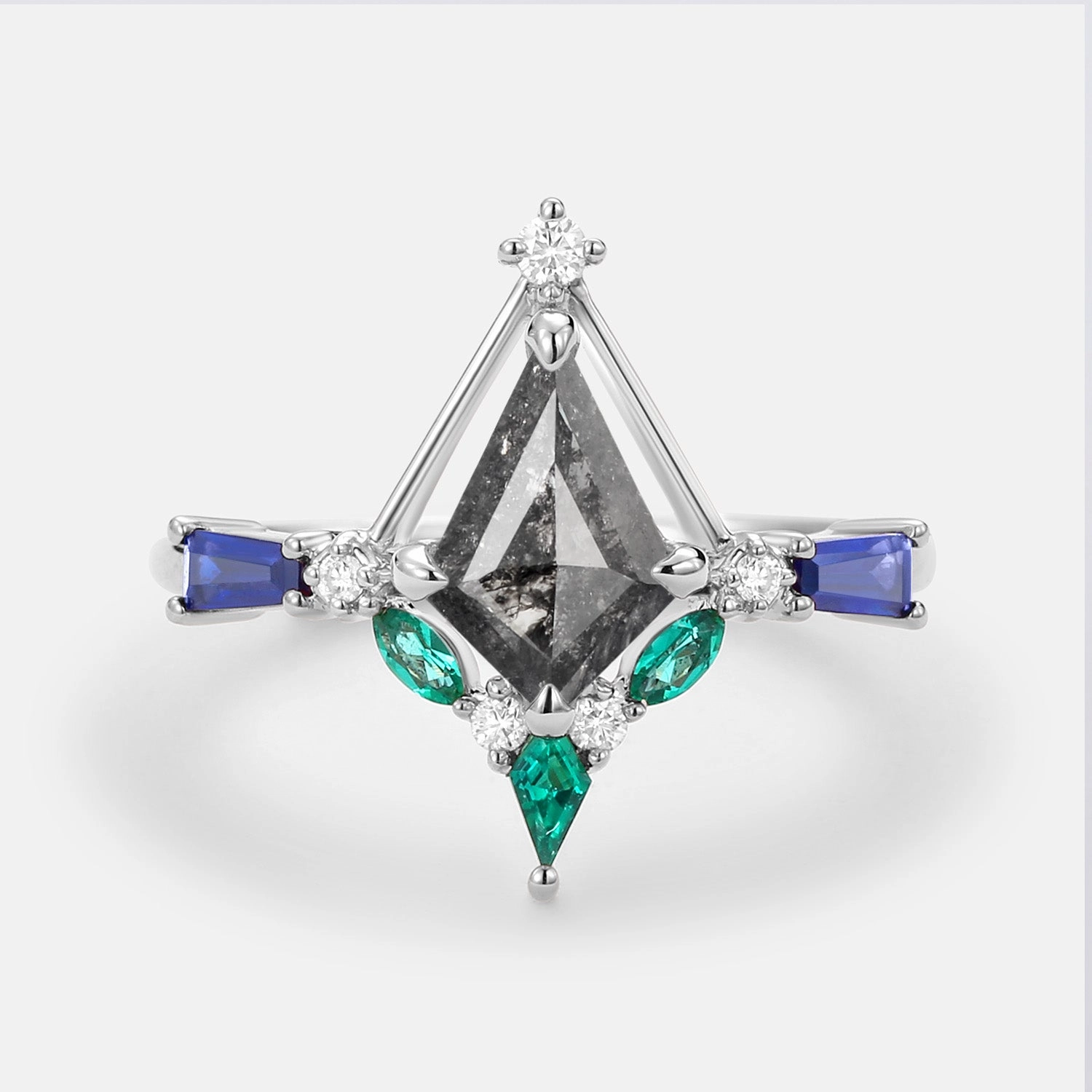 Unique Kite Cut Salt and Pepper Diamond Curved Engagement Ring Shining Edge Trendy Detail