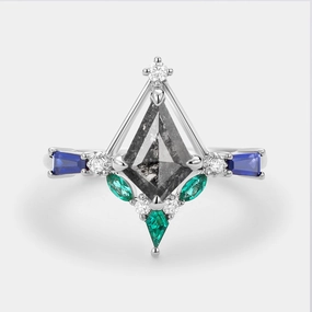 Unique Kite Cut Salt and Pepper Diamond Curved Engagement Ring Shining Edge Trendy Detail