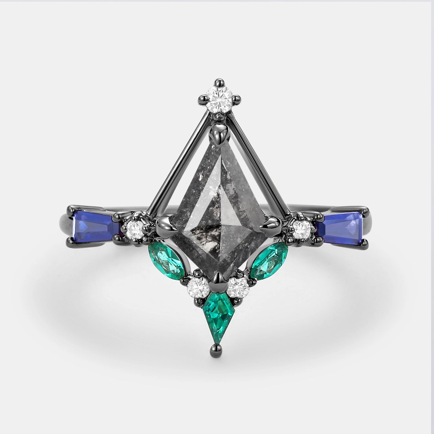 Unique Kite Cut Salt and Pepper Diamond Curved Engagement Ring Elegant Look Eye-catching Design