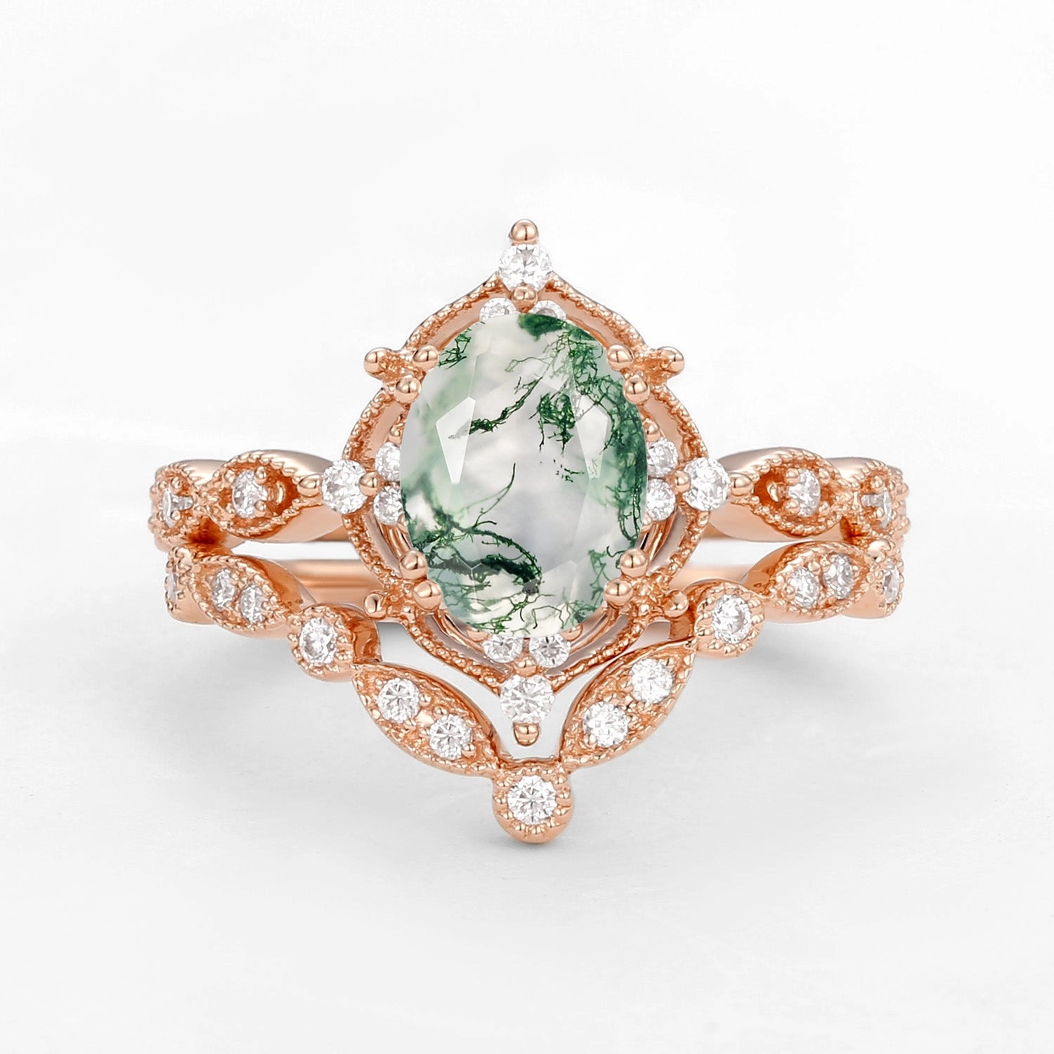 Oval Moss Agate & Moissanite Classic Ring Set 2pcs - Brynn Stylish Craft Bold Designs