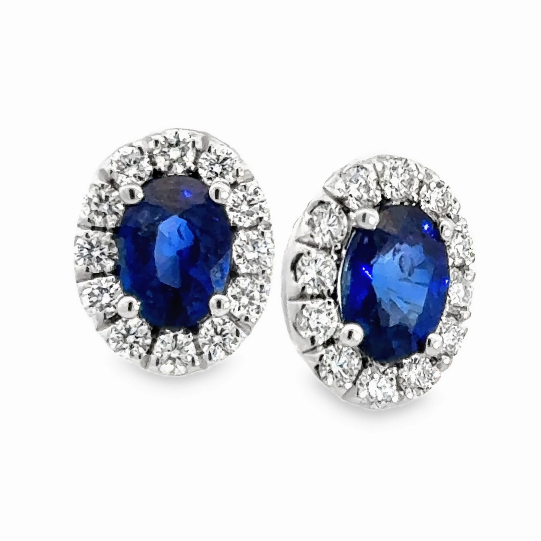 Diamond Halo and Sapphire Oval Shaped Stud Earrings Colorful Ornament Polygonal Adornment