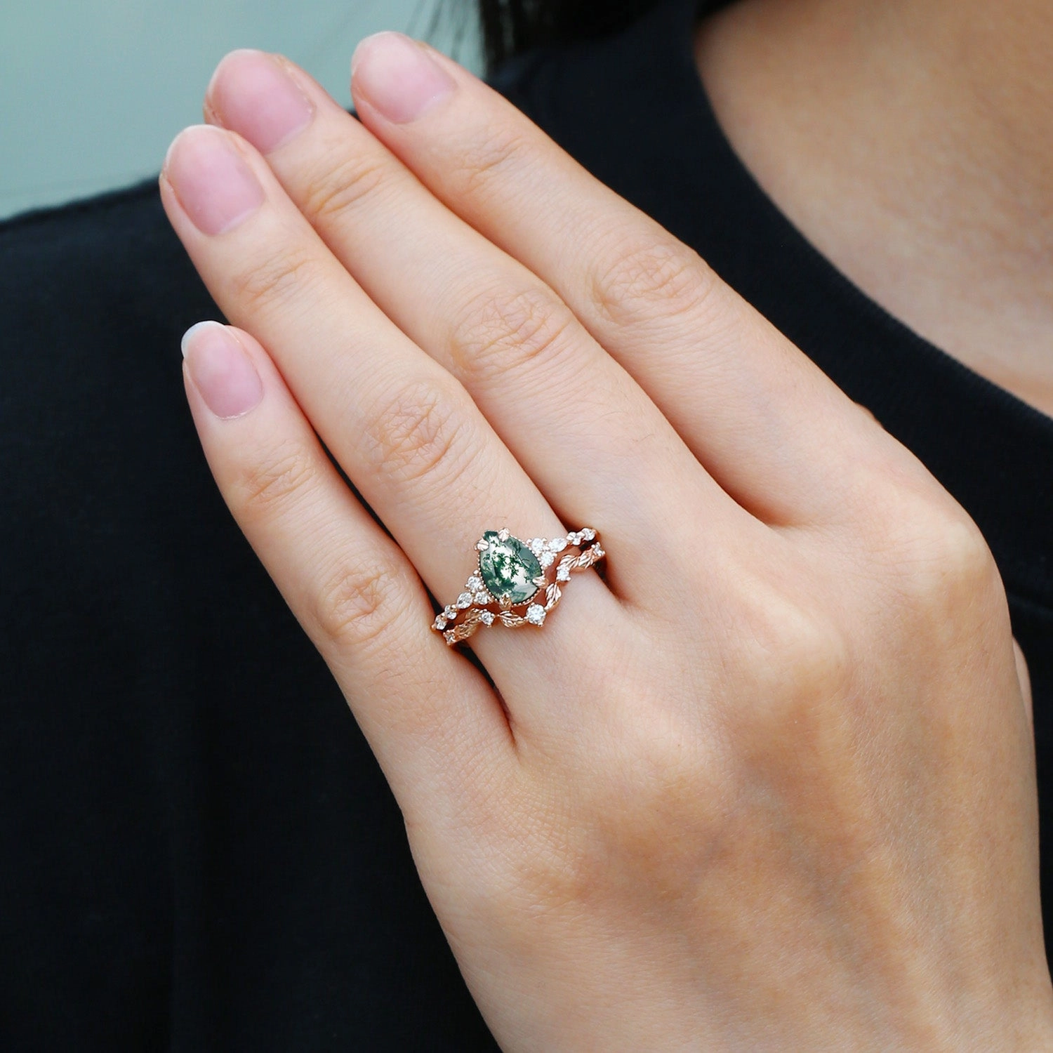clean look Black Gold Vintage Pear Shaped Moss Agate Leafy Ring Set 2pcs