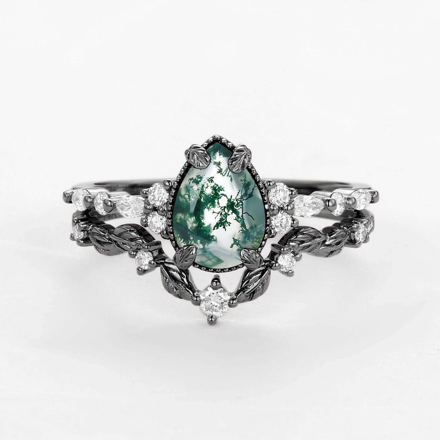 Date Style Black Gold Vintage Pear Shaped Moss Agate Leafy Ring Set 2pcs