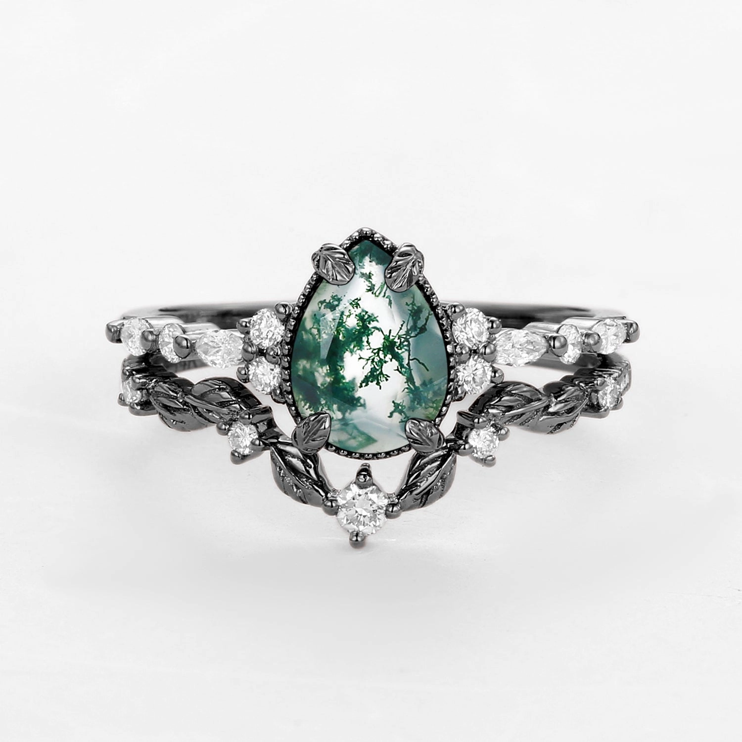 Black Gold Vintage Pear Shaped Moss Agate Leafy Ring Set 2pcs Layered Fit