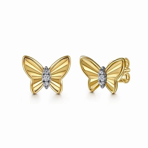 14K Yellow Gold Diamond Butterfly Stud Earrings Contemporary Design
