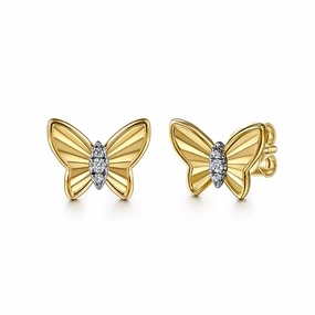 14K Yellow Gold Diamond Butterfly Stud Earrings Contemporary Design