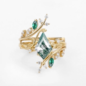 Unique Kite Cut Moss Agate & Emerald Cage Leafy Engagement Ring Sets 2pcs - Knight Modern Appeal