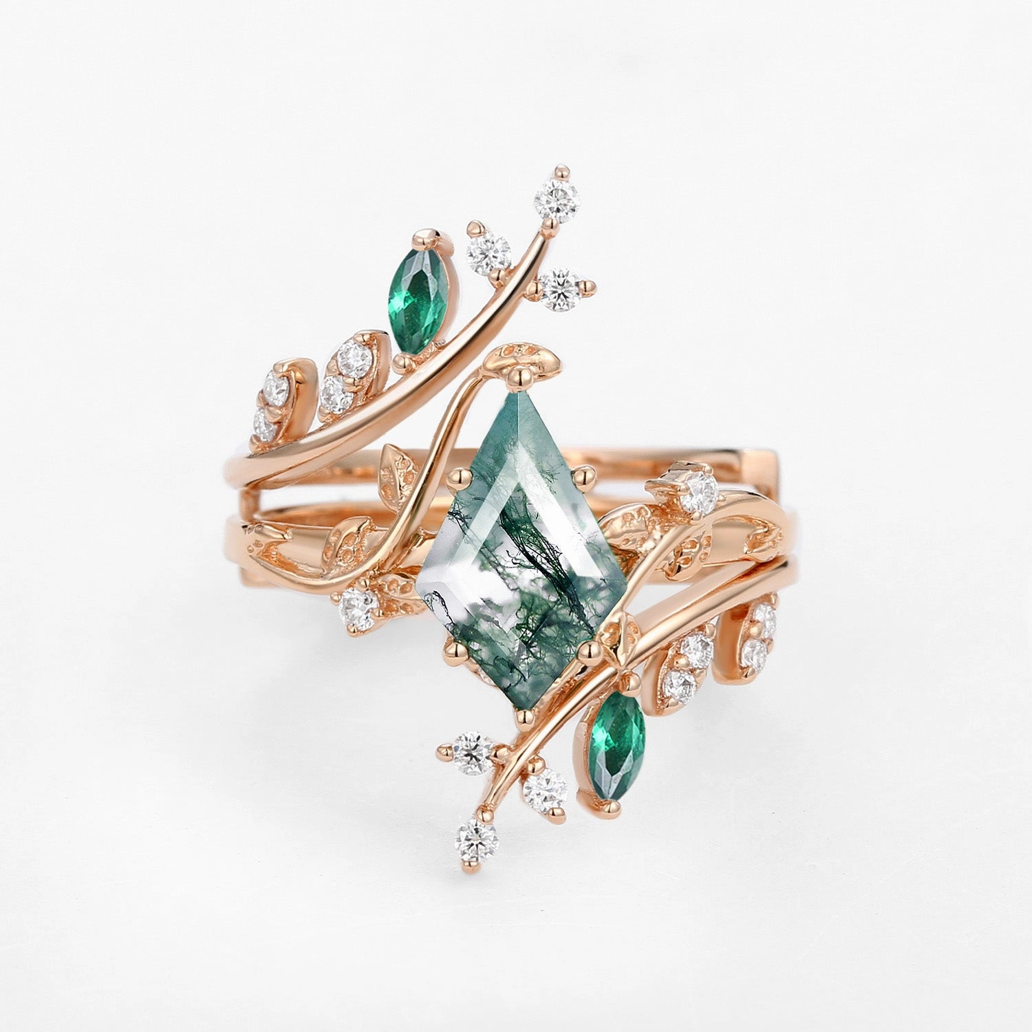 Vivid Edge Unique Kite Cut Moss Agate & Emerald Cage Leafy Engagement Ring Sets 2pcs - Knight