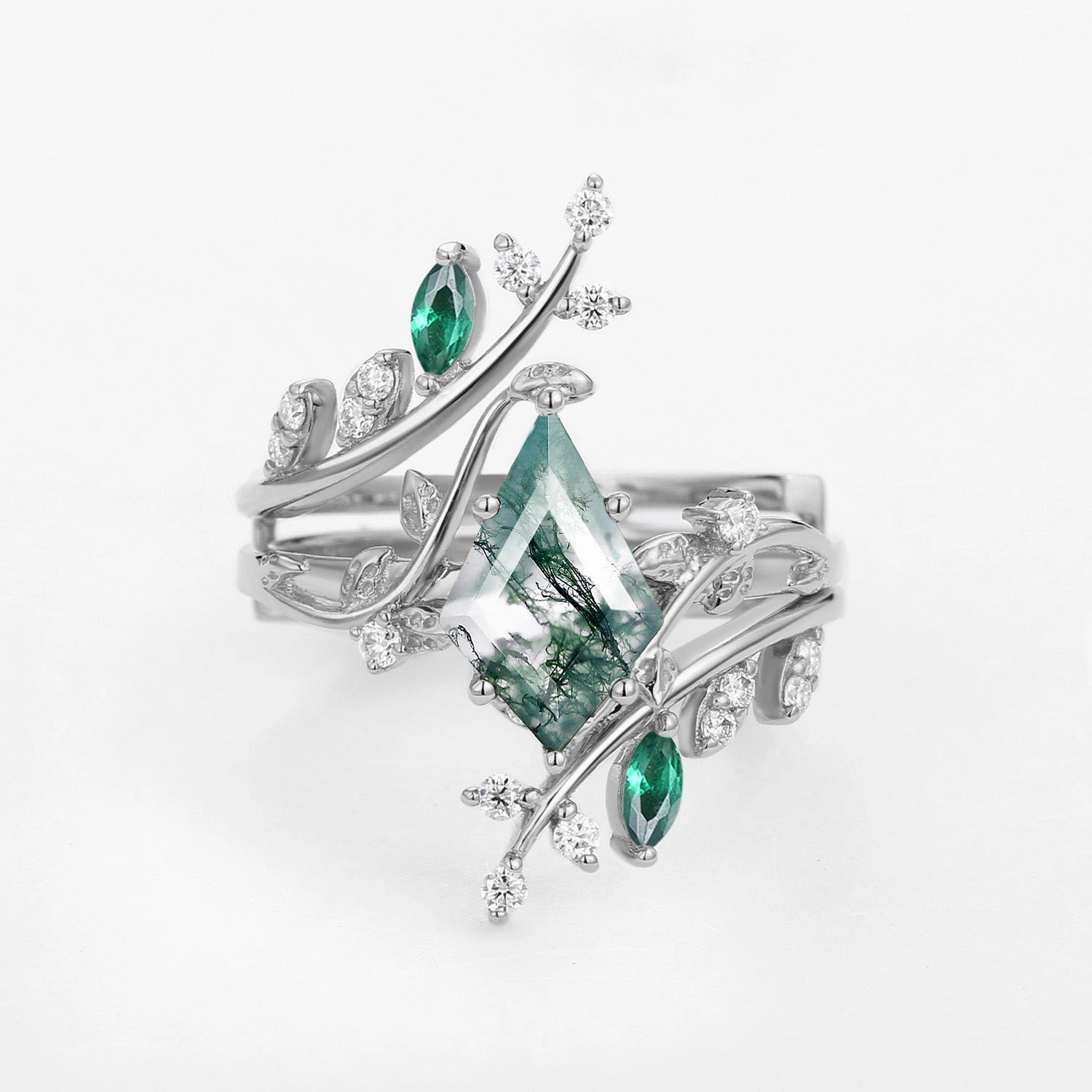 Classy Vibe Unique Kite Cut Moss Agate & Emerald Cage Leafy Engagement Ring Sets 2pcs - Knight