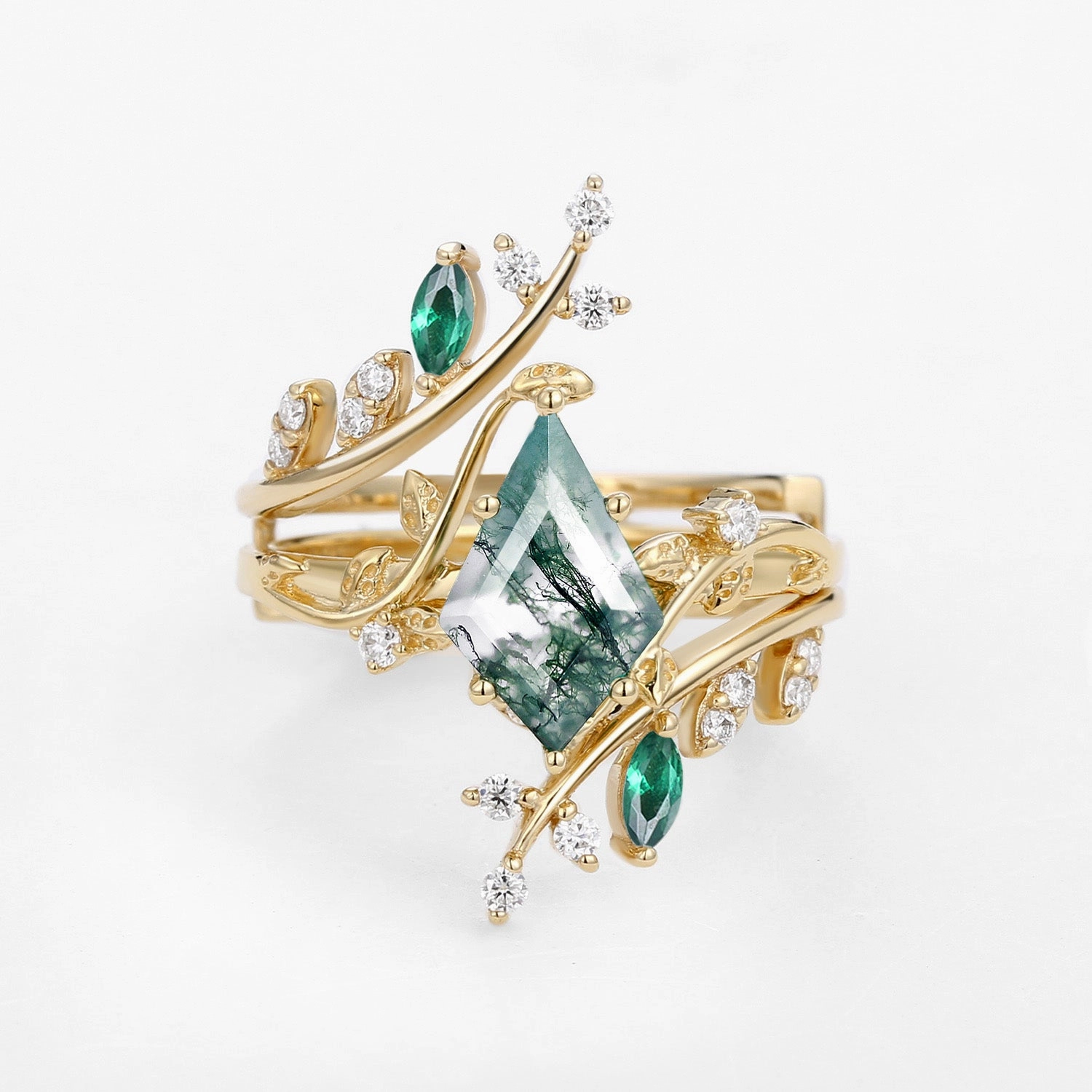 Unique Kite Cut Moss Agate & Emerald Cage Leafy Engagement Ring Sets 2pcs - Knight Modern Appeal