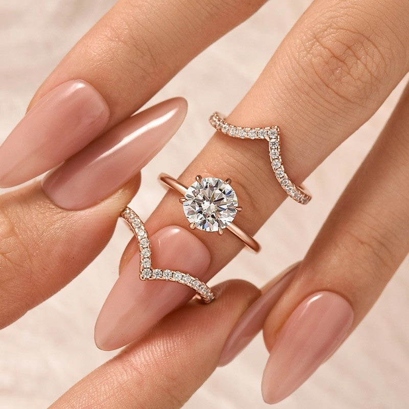 Formal Layer 3PC 2.0Ct Round Cut Wedding Ring Set With Two V-shaped Design Wedding Bands