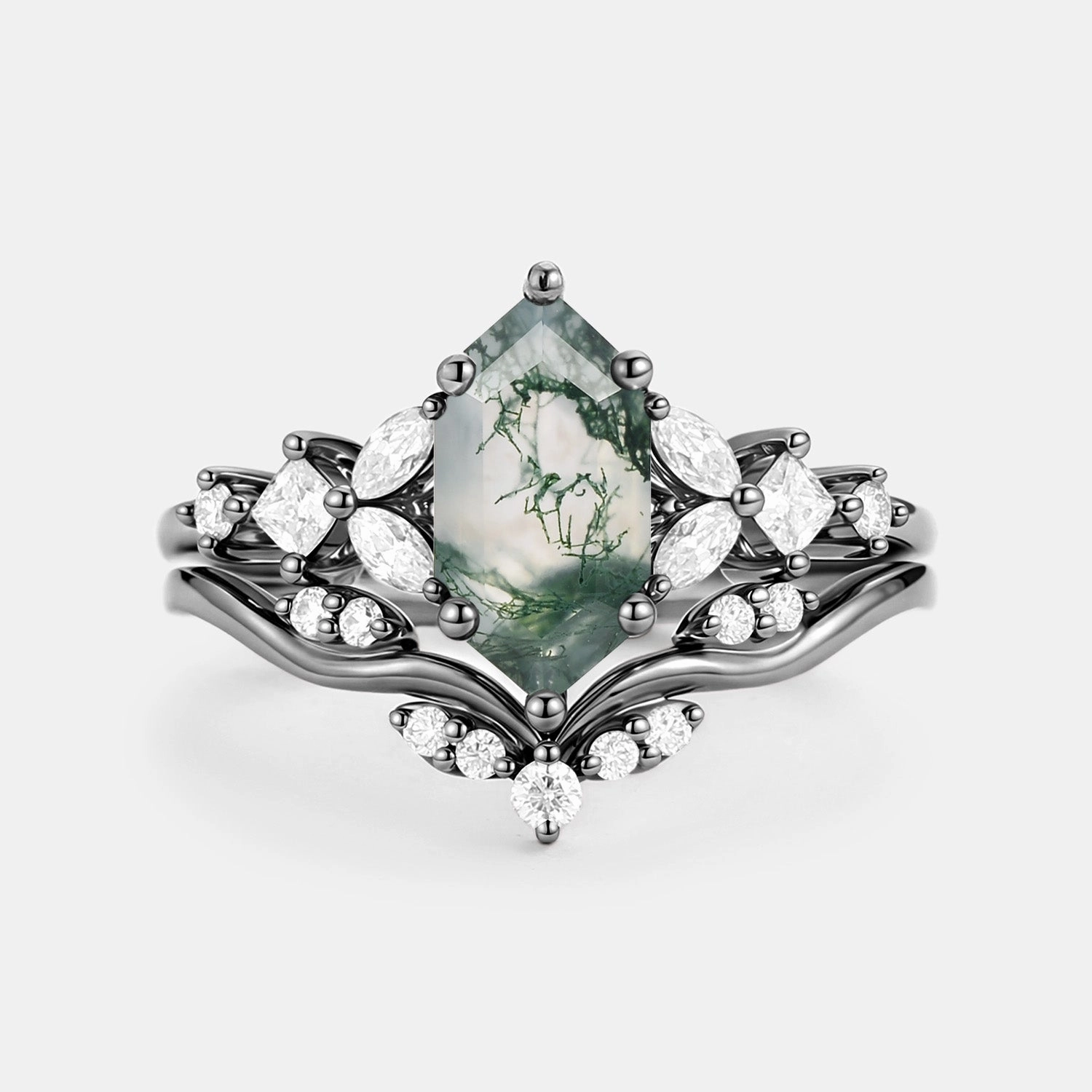 Clean Style Long Hexagon Moss Agate Engagement Ring Set 2pcs - Vexa