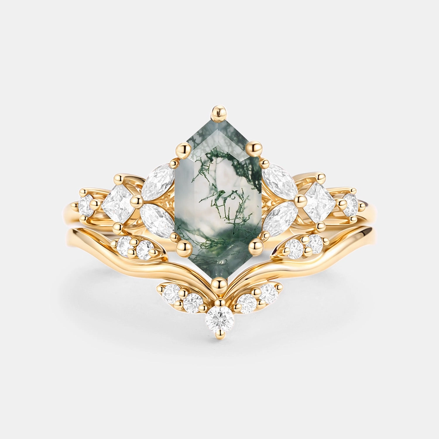 Long Hexagon Moss Agate Engagement Ring Set 2pcs - Vexa Luxury Mood Delicate Highlight