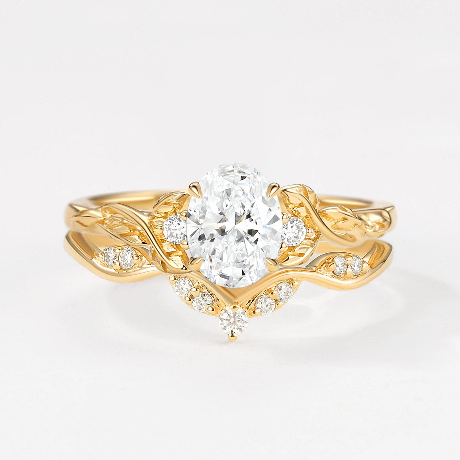 Sophisticated Craft Dazzling Finish Oval Shaped Lab Grown Diamond Leafy Engagement Ring Set 2pcs