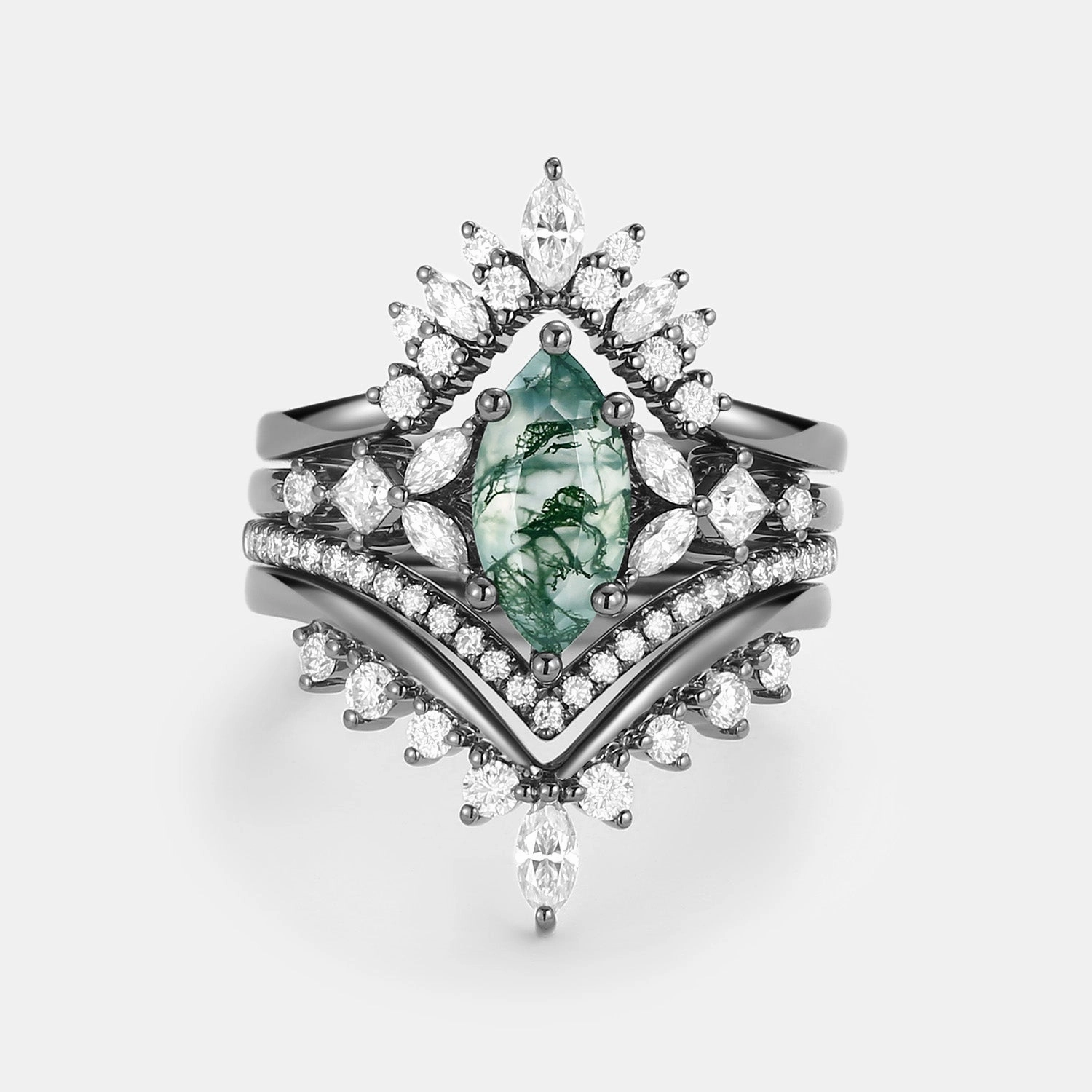 Unique Marquise Moss Agate Engagement Ring Set 4pcs - Amelia Soft Mood
