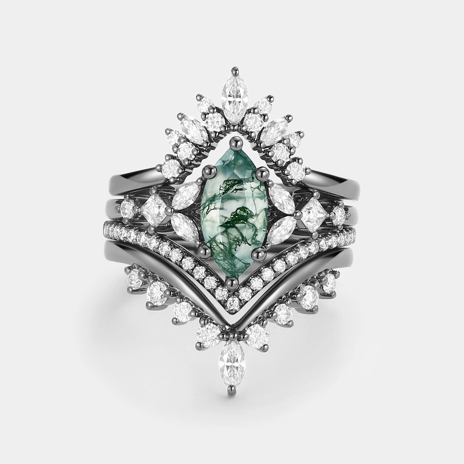 Unique Marquise Moss Agate Engagement Ring Set 4pcs - Amelia Fashion Accessories Clean Vibe