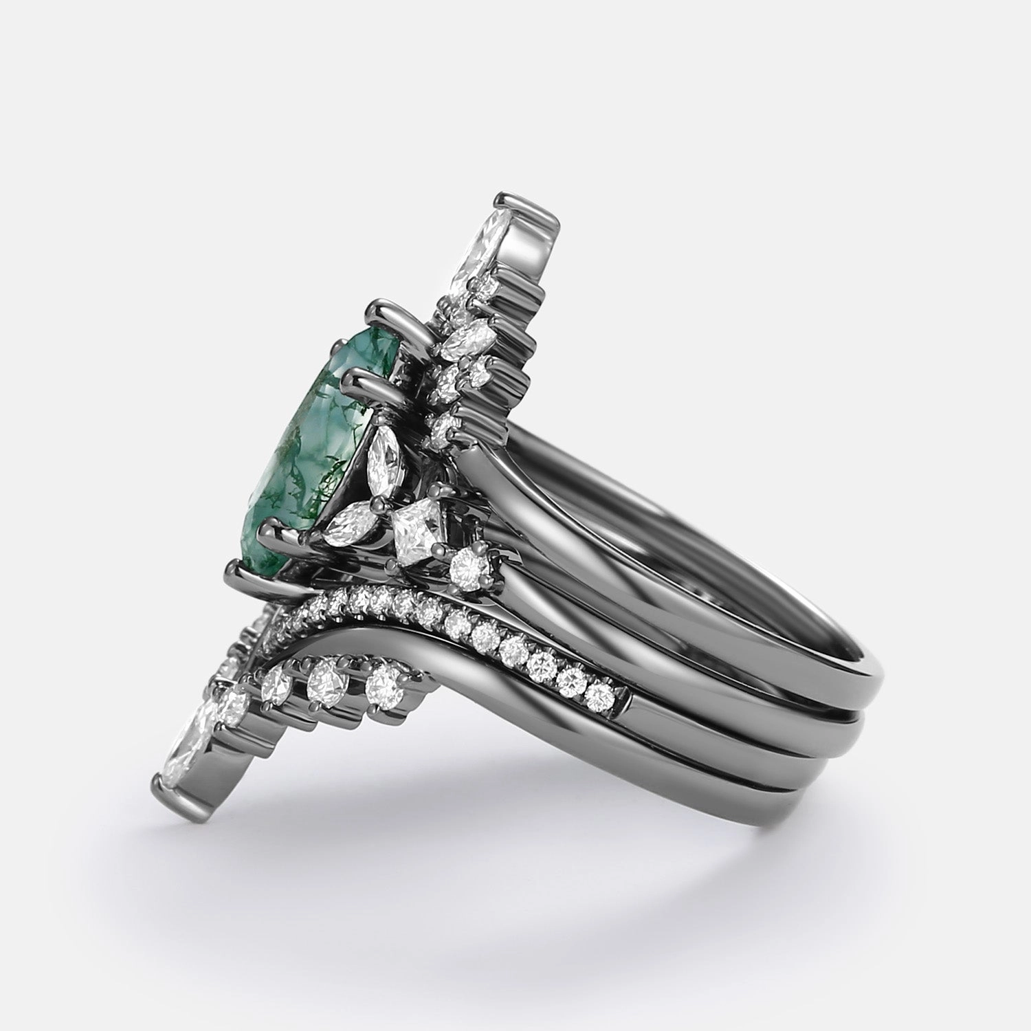 Cool Finish Natural Elements Unique Marquise Moss Agate Engagement Ring Set 4pcs - Amelia