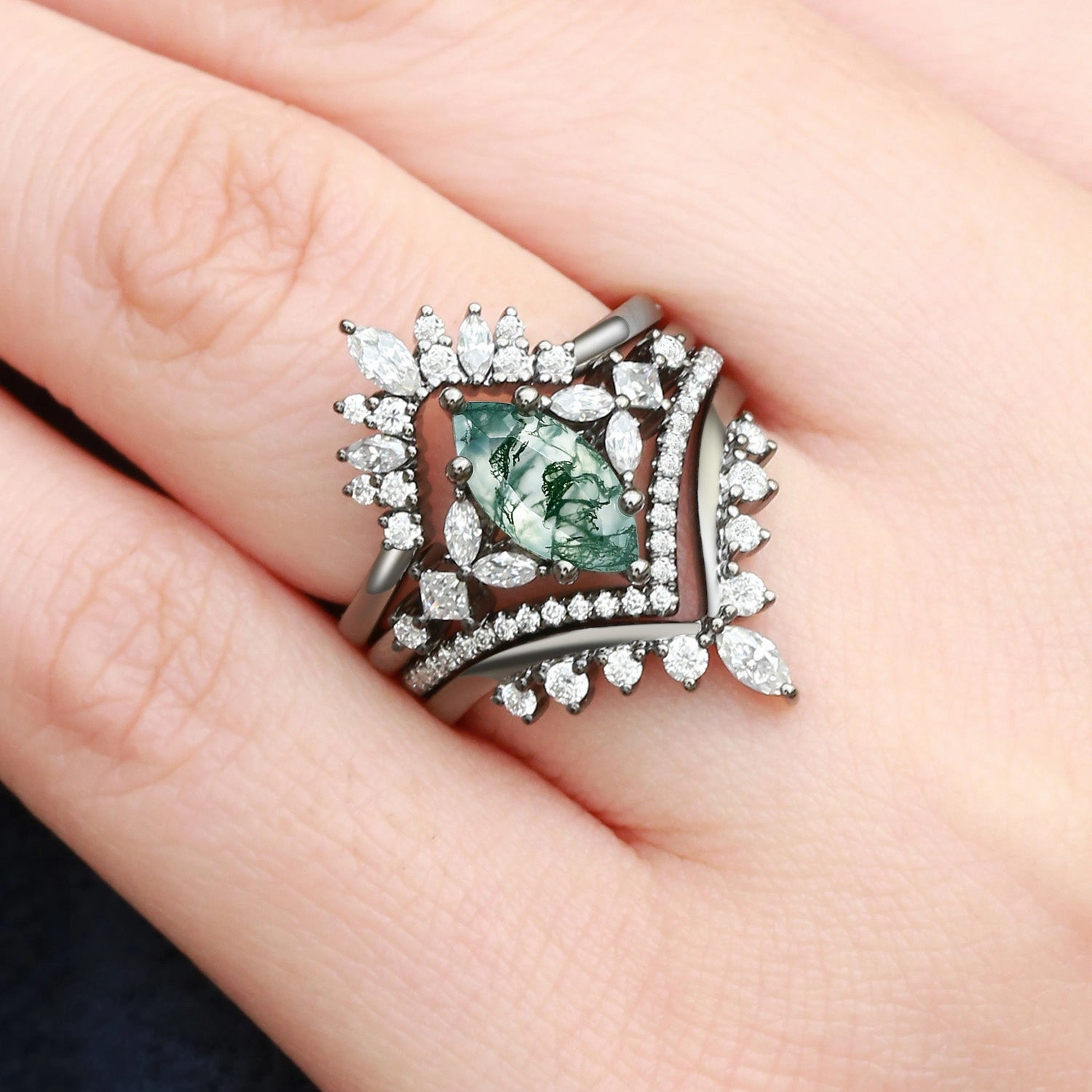 Unique Marquise Moss Agate Engagement Ring Set 4pcs - Amelia Elegant Highlight