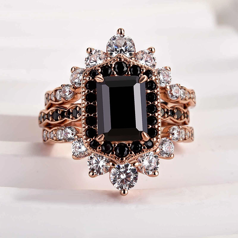 Louily Unique Rose Gold Radiant Cut 3PC Wedding Set Romantic Design