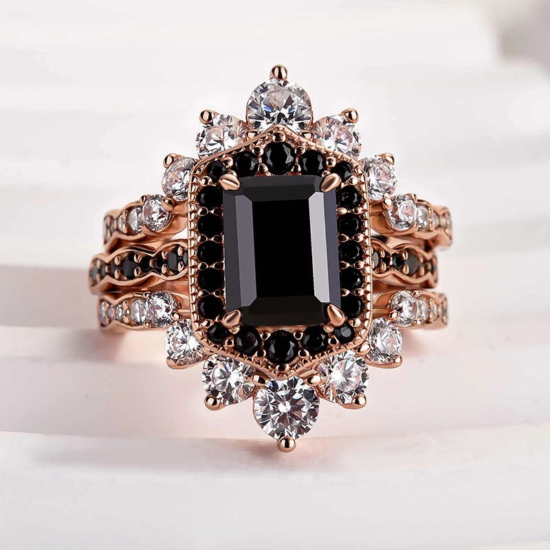 Louily Unique Rose Gold Radiant Cut 3PC Wedding Set Vintage Pop Color Match