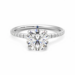 Radiant Finish Chic Flash Four Prong Round Moissanite Engagement Ring with Hidden Anniversary Stone Accent