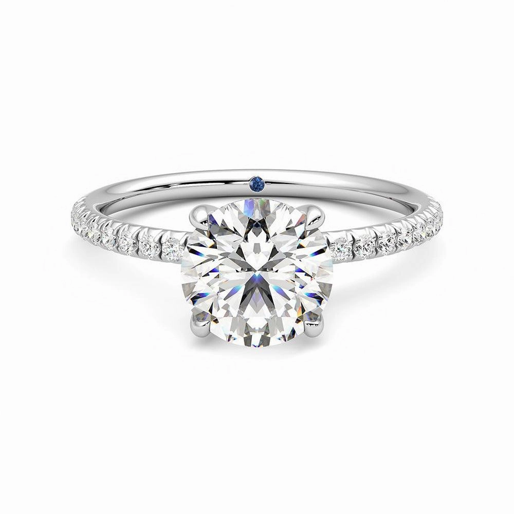 Radiant Finish Chic Flash Four Prong Round Moissanite Engagement Ring with Hidden Anniversary Stone Accent