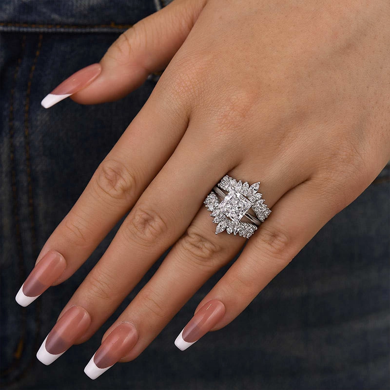 Weekend Sparkle Dainty Charm Louily Vintage Square Princess Cut Insert Ring Set For Women