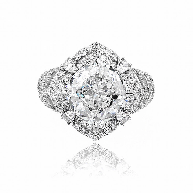 Exquisite Sterling Silver Cushion-Cut Diamond Halo Ring with Pave Band Weekend Outfit Sparkle Surface