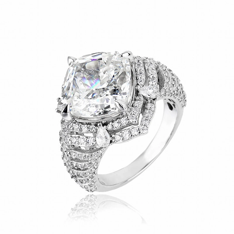 All Day Exquisite Sterling Silver Cushion-Cut Diamond Halo Ring with Pave Band
