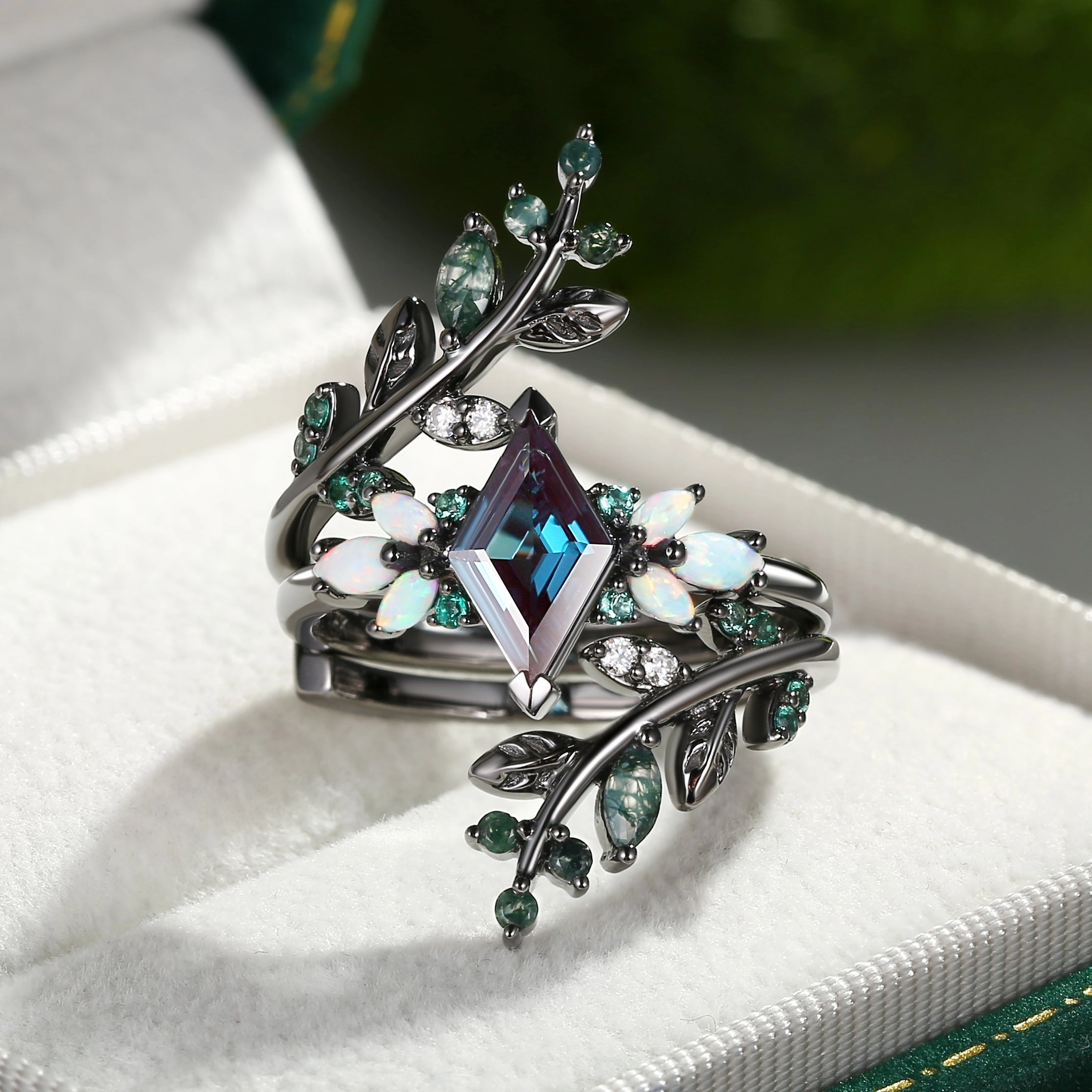 Black Gold Lab Alexandrite & Opal & Emerald Cage Leafy Engagement Ring 2pcs - Knight Glamour Finish