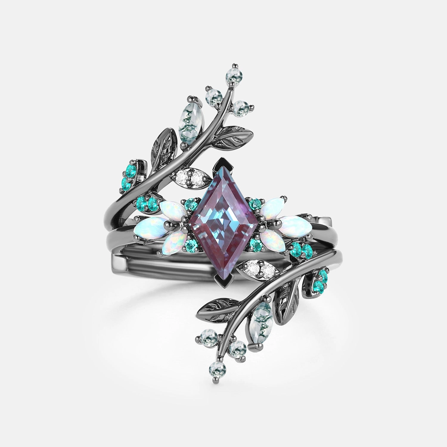 Understated Fit Flawless Cut Black Gold Lab Alexandrite & Opal & Emerald Cage Leafy Engagement Ring 2pcs - Knight