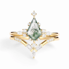 Unique Moss Agate Star Kite Engagement Ring Set 2pcs - Isla Dainty Detail