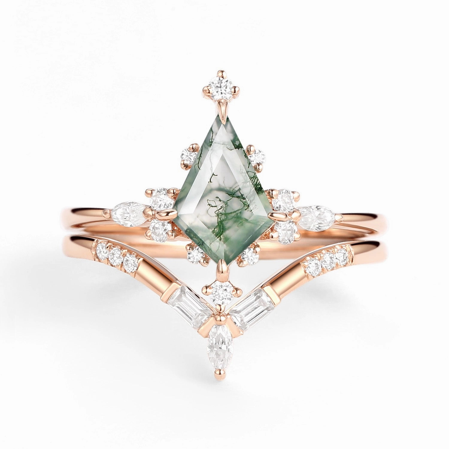 Timeless Gem understated look Unique Moss Agate Star Kite Engagement Ring Set 2pcs - Isla
