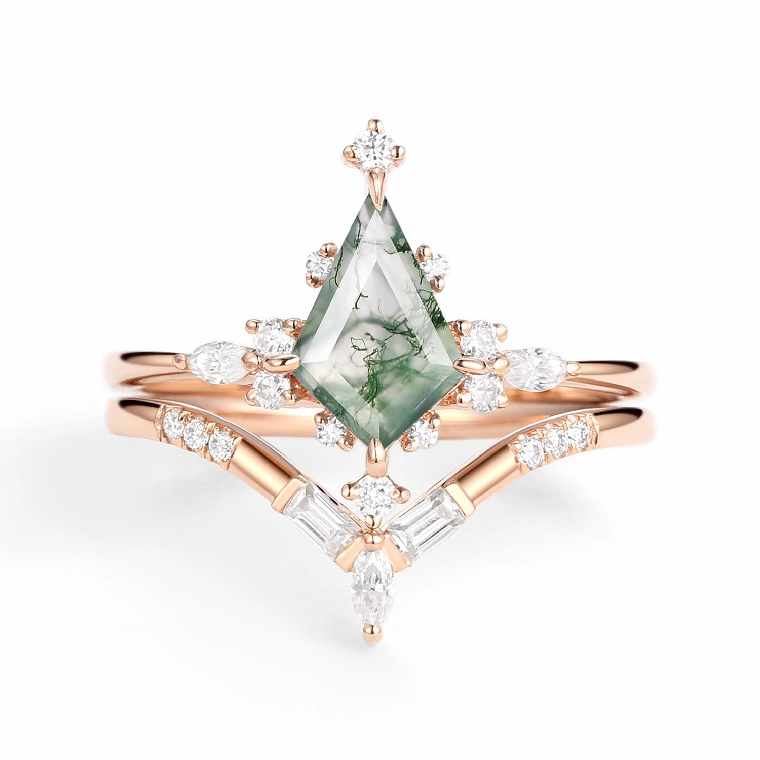 Subdued Sparkle Unique Moss Agate Star Kite Engagement Ring Set 2pcs - Isla