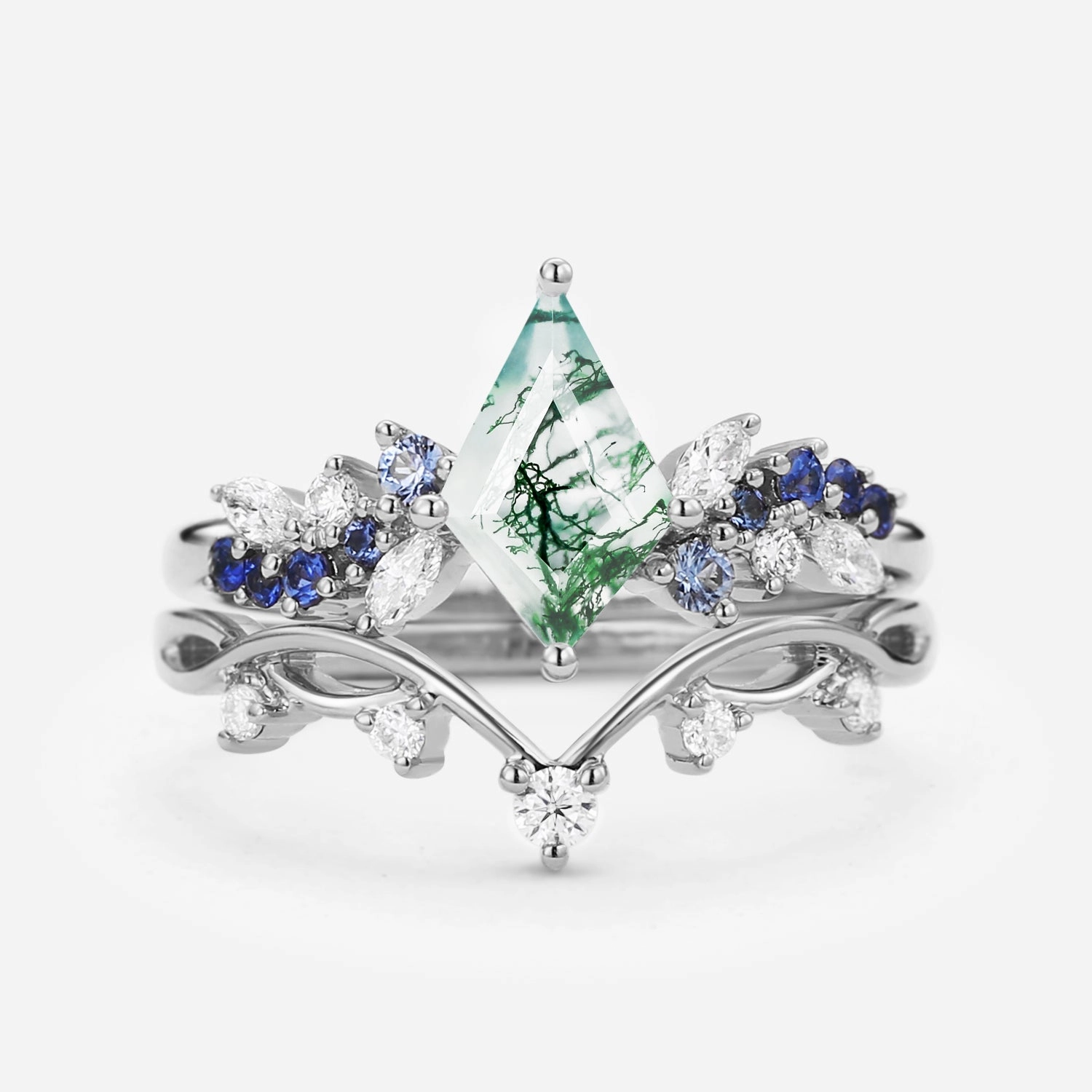 Fairy Ring - Kite Cut Moss Agate & Gradient Sapphire Engagement Ring Set 2pcs Heritage Style Dramatic Touch