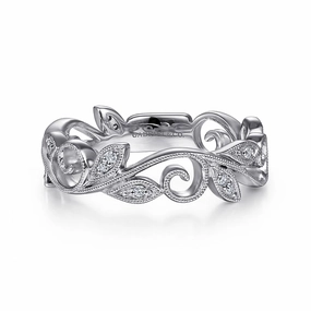 14K White Gold Scrolling Floral Diamond Stackable Ring Custom Symbol Delicate Style