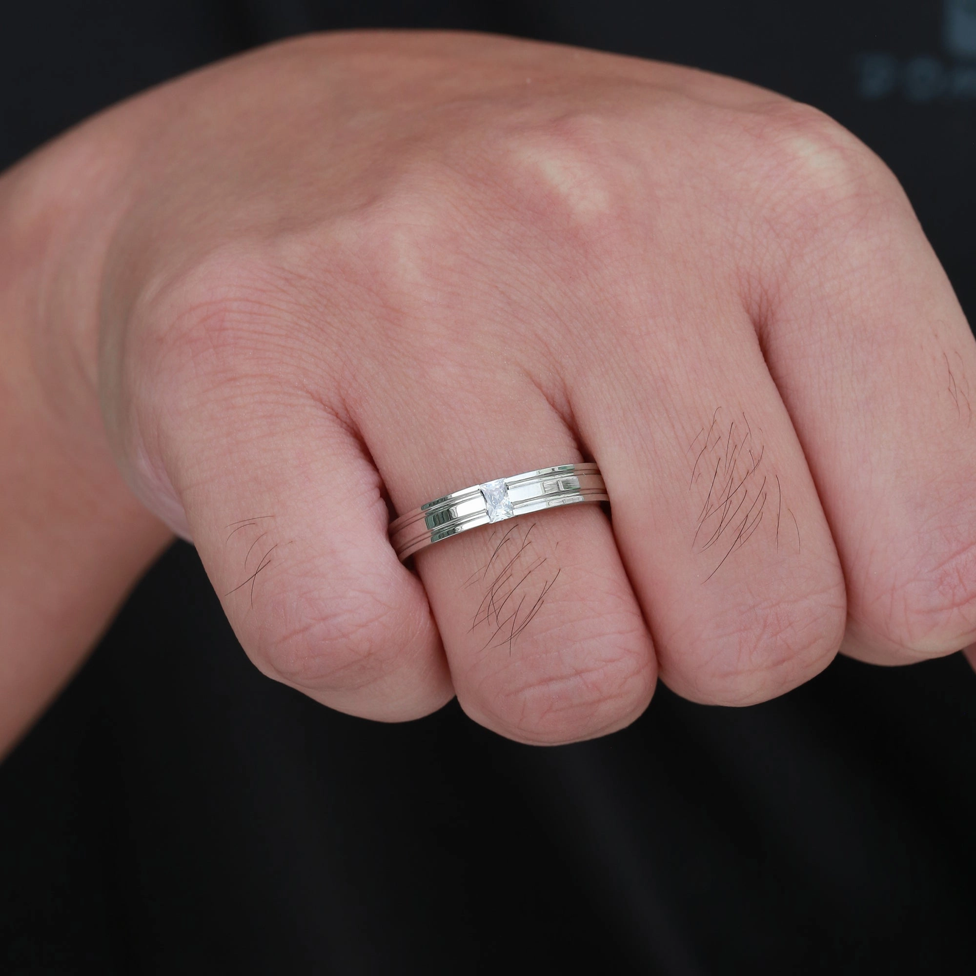 4mm Emerald Cut Moissanite Men's Wedding Band Quiet Glow