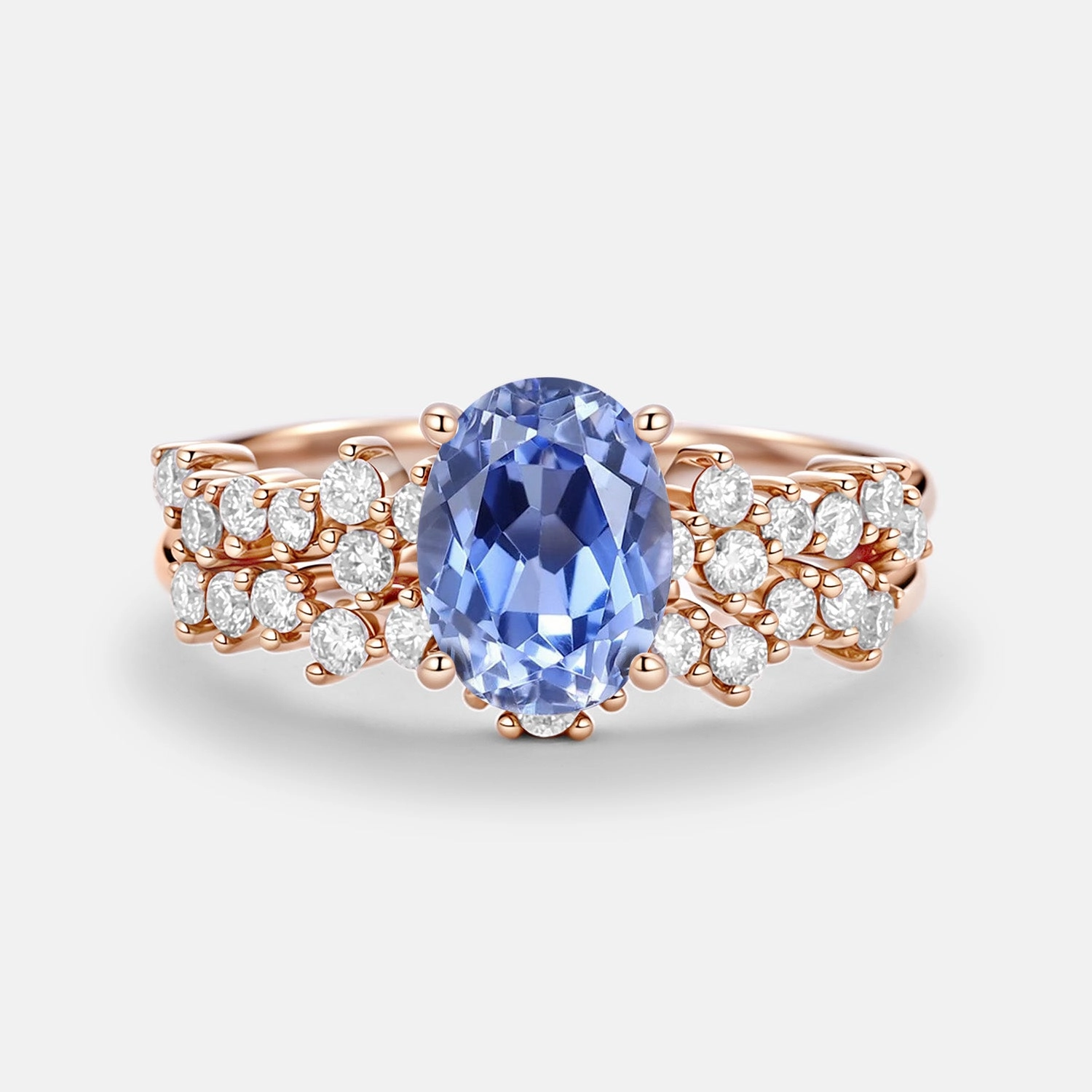 Oval Cut Lab Cornflower Sapphire Classic Cluster Gold Ring Set 2pcs - Megan Layer mood Gleaming Accent