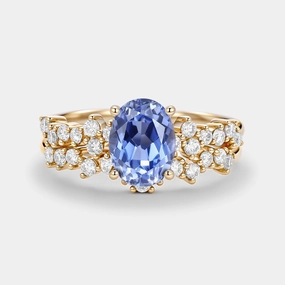 Custom Styling Classic Elegance Oval Cut Lab Cornflower Sapphire Classic Cluster Gold Ring Set 2pcs - Megan