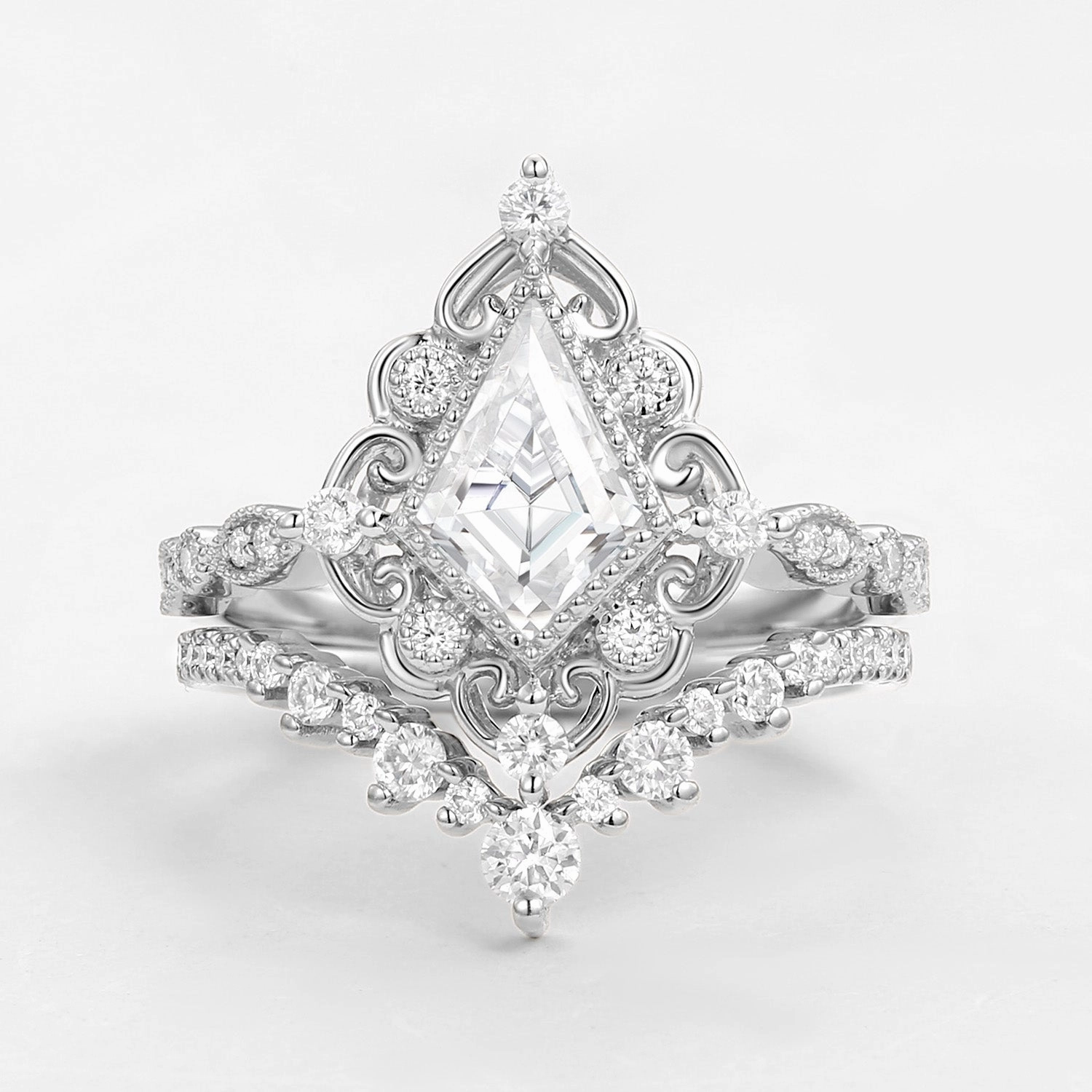 Kite Cut Moissanite Vintage Art Deco Engagement Ring Set 2pcs Soft Glam