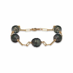 7.5-8" Paperclip Chain Tahitian Black Pearl Bracelet in Gold - 9-10mm Current Moment Limited Stock