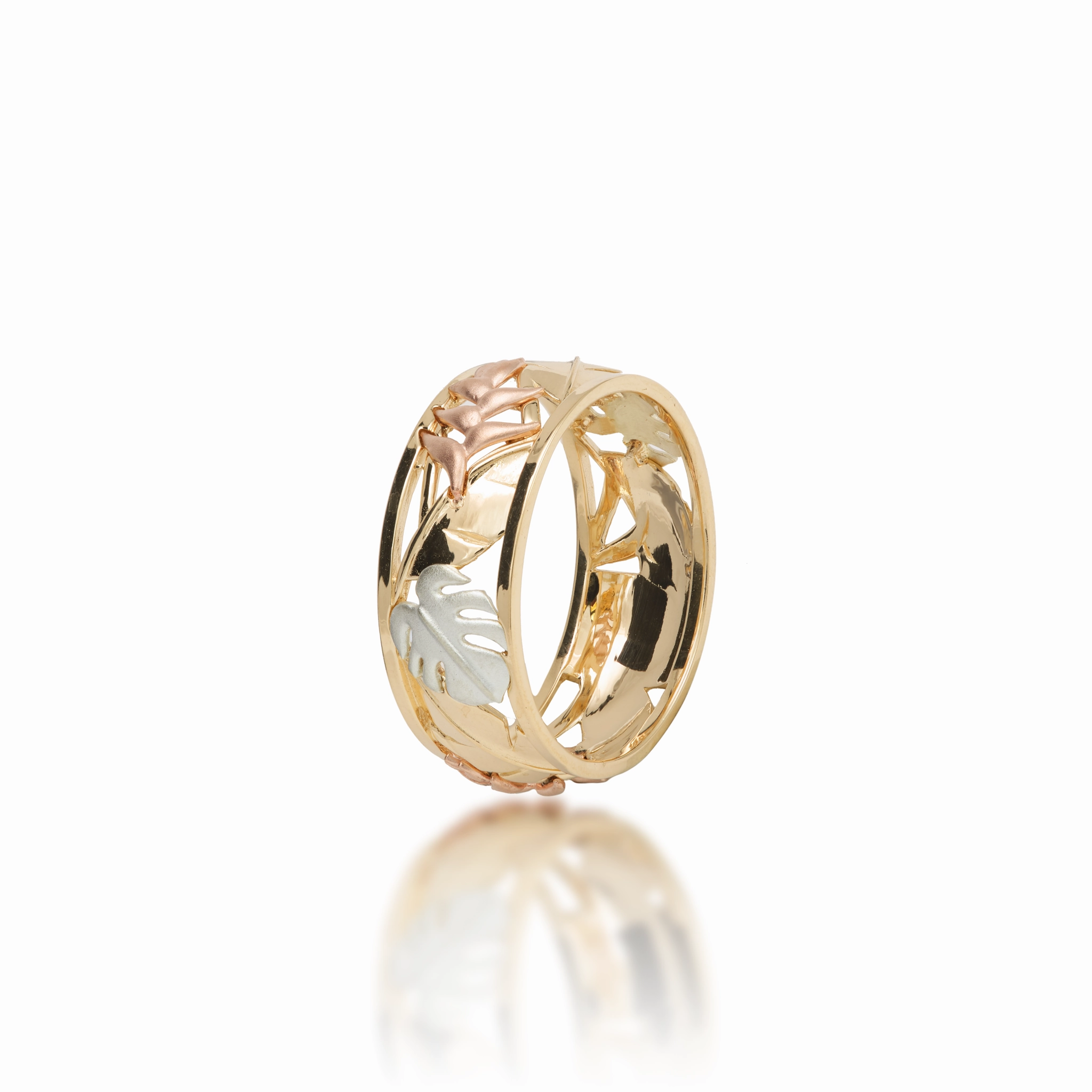Modern Embellishment Modern Trend Hawaiian Gardens Monstera & Heliconia Ring in Tri Color Gold - 8mm