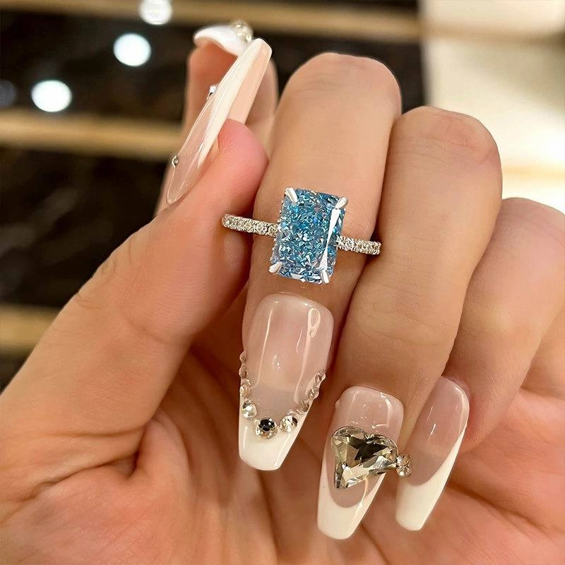 Louily Exclusive Radiant Cut Light Aquamarine Blue Engagement Ring In Sterling Silver Handmade Jewelry Pieces