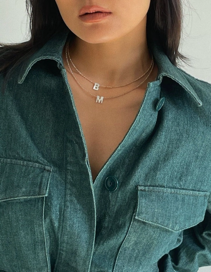 Italian Natural Shell Initial Necklace  | Earth Tone Shimmering Letter Choker Seasonal Style Everyday Highlight