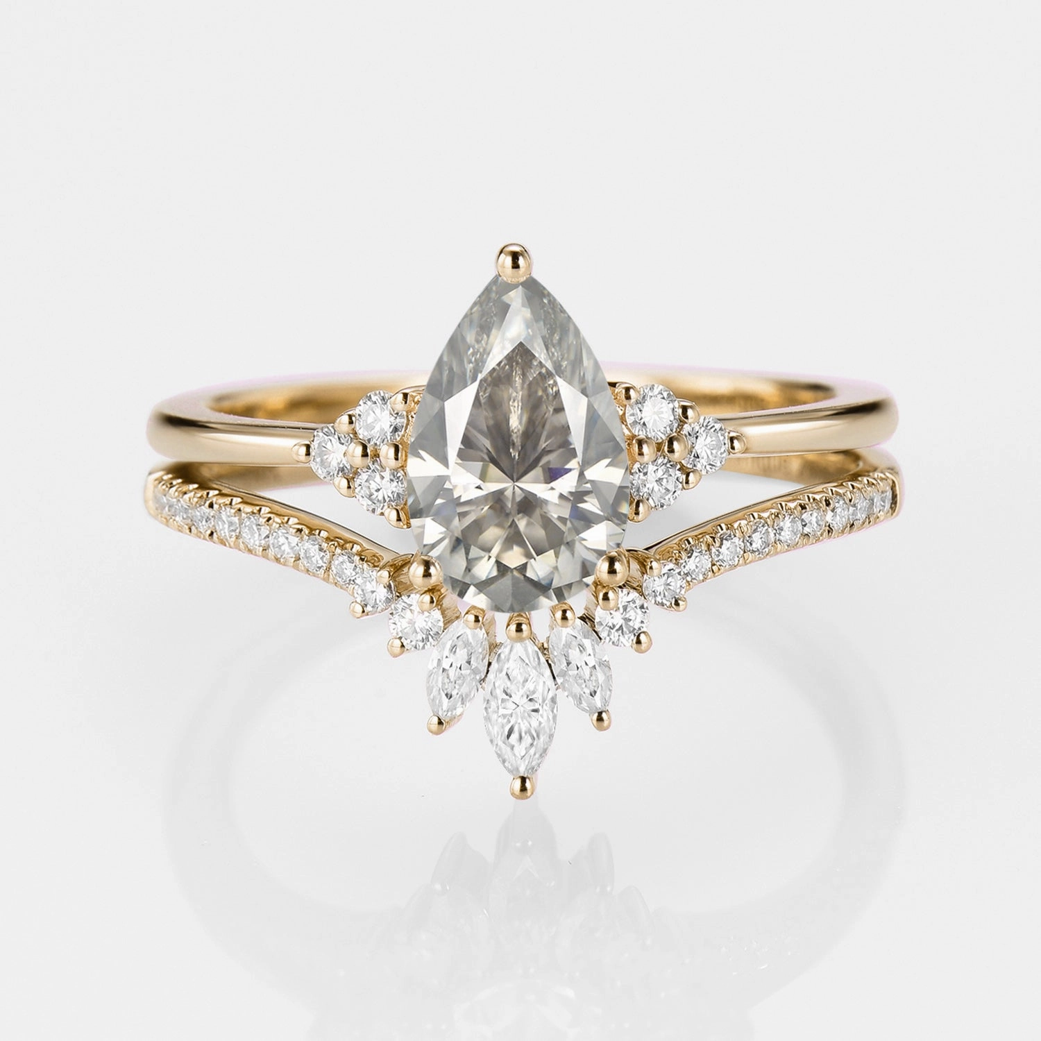 Classic Engagement - Pear Moissanite Engagement Ring Set 2pcs - Lydia Sleek Radiance Gleaming Feature